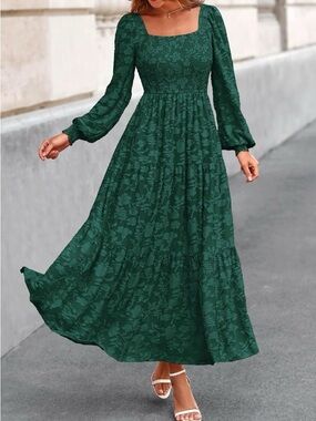 KIRUNDO Emerald Green Smocked Floral Maxi Dress Size Large
